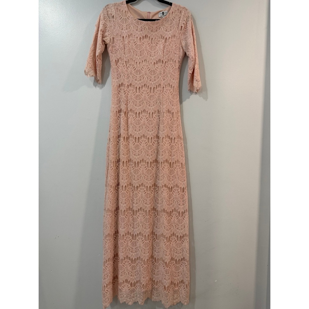 Dainty Jewells Pink Lace Maxi Dress Modest 3/4 Sleeve Formal Peach Small